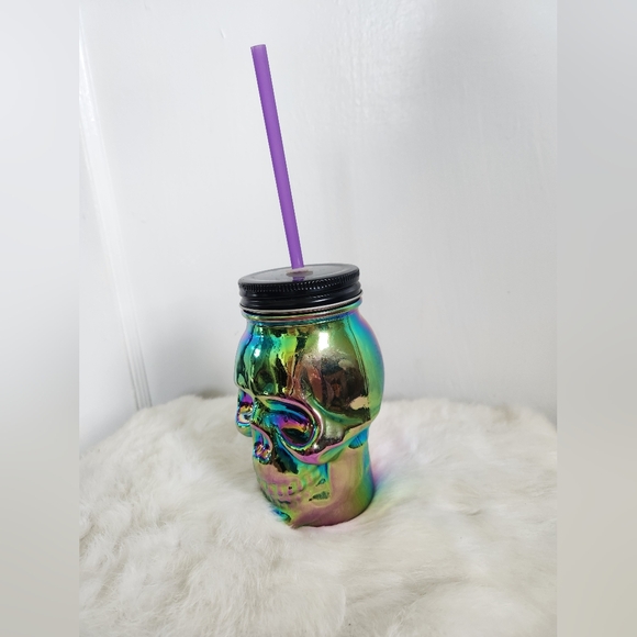 Other - 3D Skull Head Drinking Jar Multi Color Reflective Glass Travel Cup 18 oz